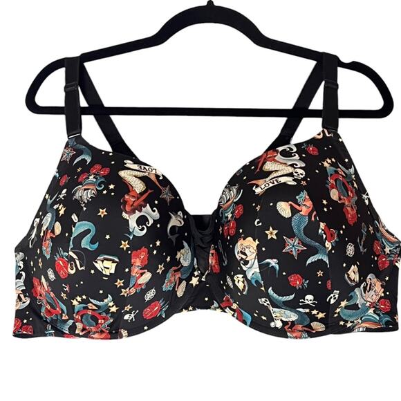 Torrid Curve Mermaid Skull Bra 44DDD 360 Back Smoothing T-Shirt Plunge Tattoo - Picture 1 of 9